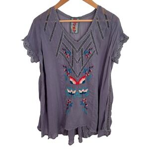 Johnny Was Womens Shirt Sz XS Grey Cupra Rayon Blouse Embroidered Tunic